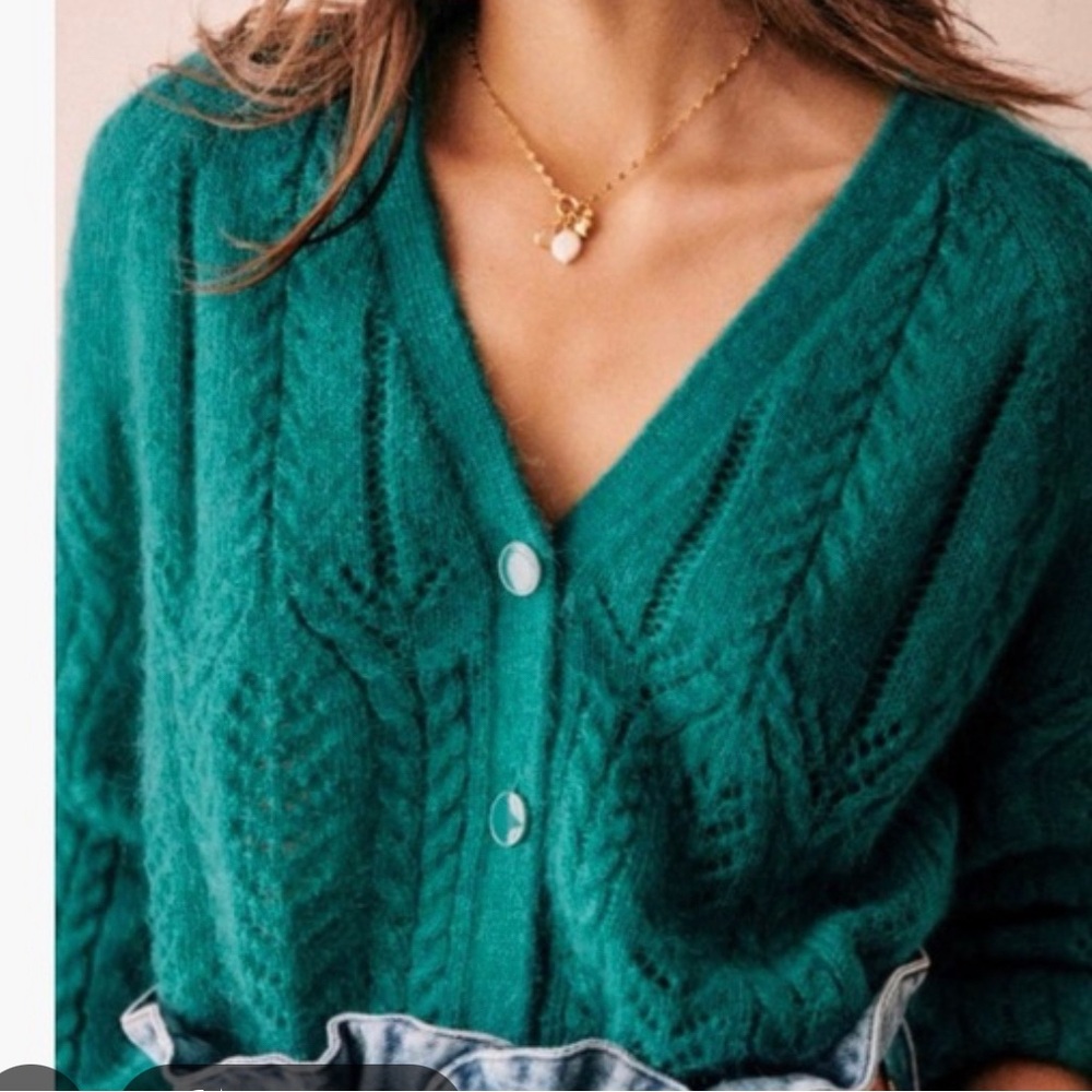 NWT Sezane Augustino Emerald Green V-Neck Cable Knit Cardigan Sweater S Small
